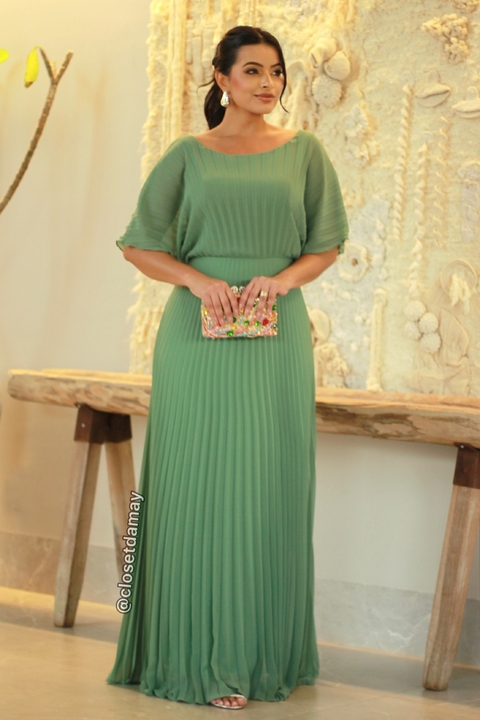 Vestido de festa longo, plissado com decote redondo - Verde Menta