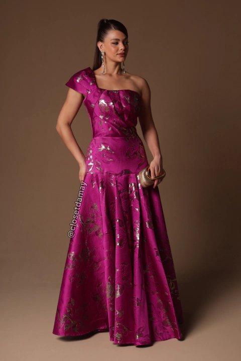 Vestido de festa longo, decote assimétrico, laço fixo - Fúcsia