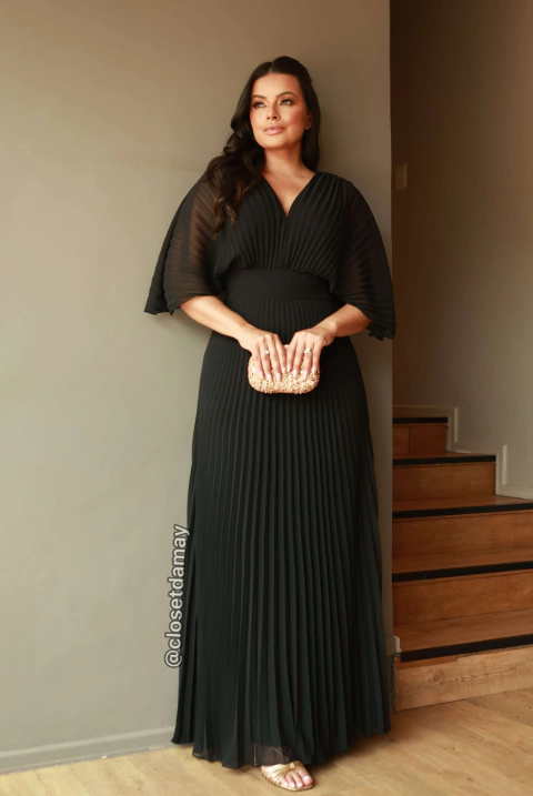 Vestido de festa longo, com decote v , plissado - Preto