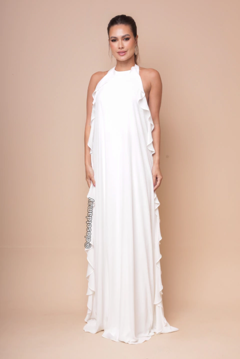 Vestido de noiva longo, frente única com babados laterais - Off White