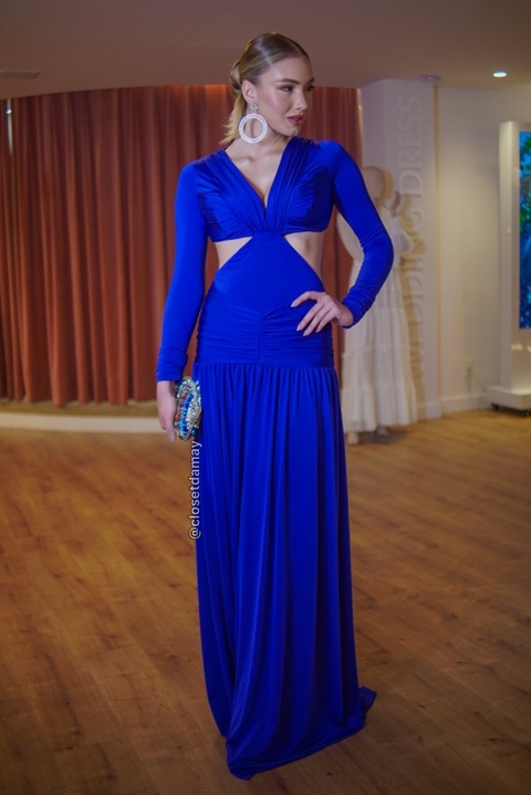 Vestido de festa longo, com recortes nas laterais e mangas longas - Azul Royal