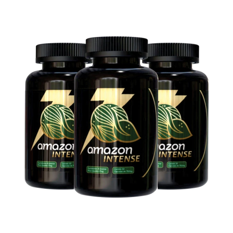 Três frascos pretos do suplemento Amazon Slim Intense com rótulo dourado e verde