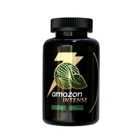 Frasco preto do suplemento Amazon Slim Intense com rótulo dourado e verde