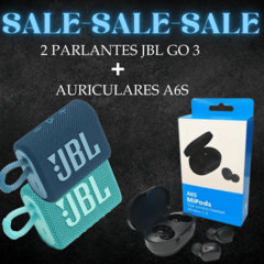 ¡ OFERTA 3X1 ! 2 PARLANTES JBL GO 3 + AURICULARES INALAMBRICOS A6S NEGRO