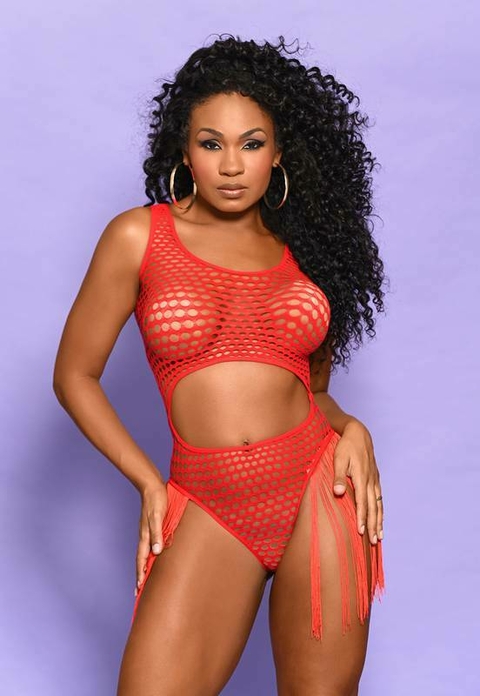 Body arrastão com franja vermelho - comprar online
