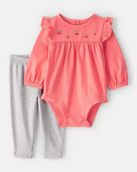 Conjunto de body e calça para bebê menina, 2 peças, estampa de cerejas - Coral