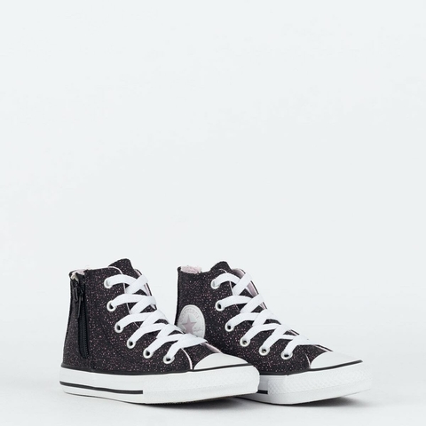 TÊNIS CONVERSE KIDS CHUCK TAYLOR ALL STAR SIDE ZIP HI MATERIAL SHINE PRETO ROSA CLARO