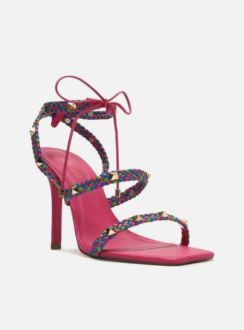 Sandália Rosa Salto Fino Trançada Spikes