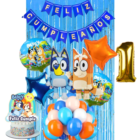Pack Globos Bluey Bingo Banderín Celeste y Dorado