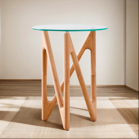 Mesa Baja Fever Ratona 40 Cm, Patas Madera Y Vidrio Templado