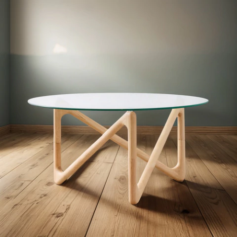 Mesa Baja Beats Ratona 80 Cm Patas Madera Y Vidrio Templado.