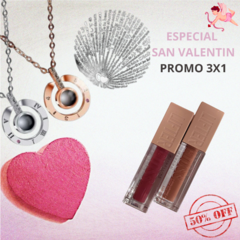 PROMO 3X1 SAN VALENTIN, CADENA-DIJE TEAMO EN 100 IDIOMAS + 2 LABIALES MAYBELLINE DE REGALO