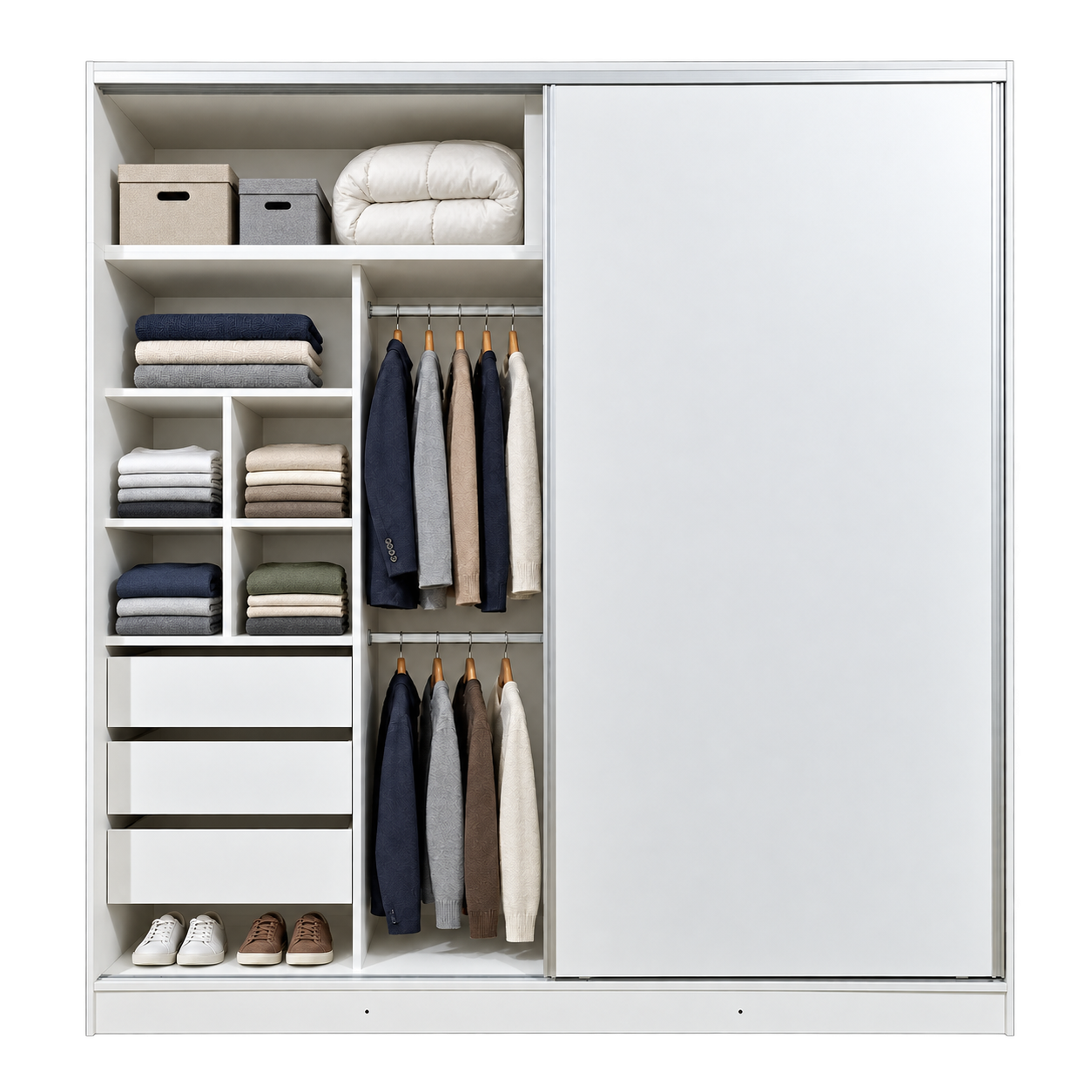 Placard blanco con prendas organizadas, perchas y zapatos