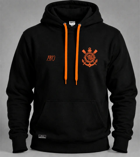 Moletom Preto com Capuz Preto - Bolso Canguru - Logo Laranja