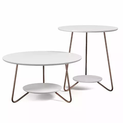 Mesa de centro e mesa lateral Liz com tampo branco e estrutura metálica dourada, ideal para decoração clean.