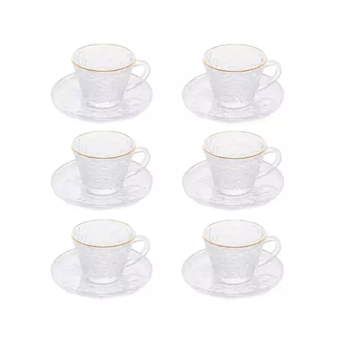 Xícara de Café com Pires Vidro Martelado com Borda Dourada da Lyor - Modelo Petra, capacidade de 70ml. A xícara possui 4,9cm de altura e 6cm de diâmetro, enquanto o pires tem 11cm de diâmetro.