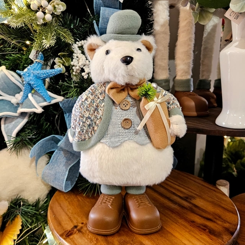 NATAL BONECO URSO EM PÉ BRANCO COM PRESENTE 33CM