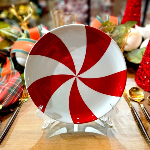 NATAL PRATO REDONDO BALA CANDY CANE CERAMICA 23CM