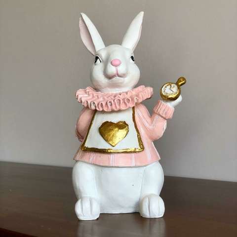 COELHA EM RESINA COM RELOGIO COLETE ROSA E DOURADO 27CM - comprar online