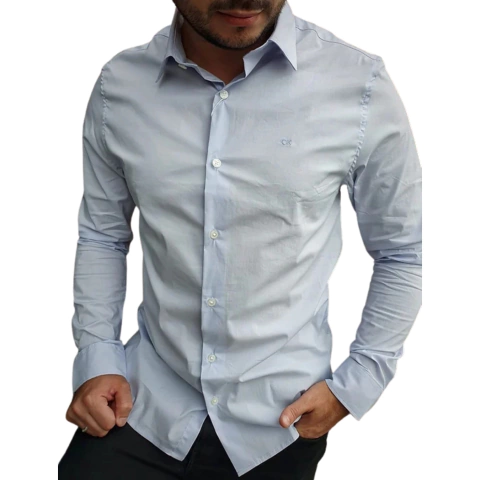 Camisa Calvin Klein CK M/L Slim Cannes Básica Essential Azul Claro