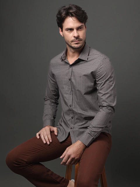 Camisa Calvin Klein Slim M/L Xadrez Fio 40 Marrom - comprar online