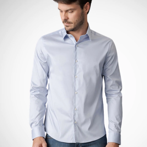 Camisa Calvin Klein M/L Algodão Poliamida Azul Claro