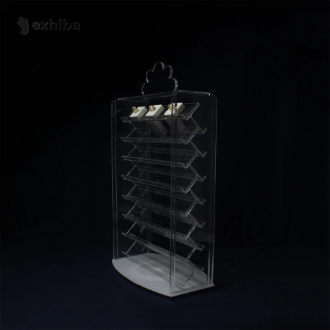 Vitrina de acrílico transparente, con doble vista para cajitas plásticas de joyería | Vitrina para exhibir juegos de joyería, anillos o broquel. Fabricado por Exhiba.