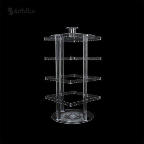 Exhibidor en cubo giratorio de acrílico con 4 niveles para arracadas o aretes largos, color transparente, Fabricado por Exhiba.