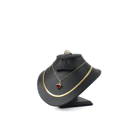 Cuello Exhibidor de Vinipiel para juegos de joyería Collares, Aretes y anillo, fabricado en madera y forrado en vinipiel premium, color negro, fabricación Exhiba.