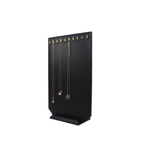 Tabla para exhibir cadenas o calleras, fabricada en madera y vinipiel, ideal para mostrar 12 piezas, base estable y resistente, color negro, disponible en varios colores, fabricación especial Exhiba.