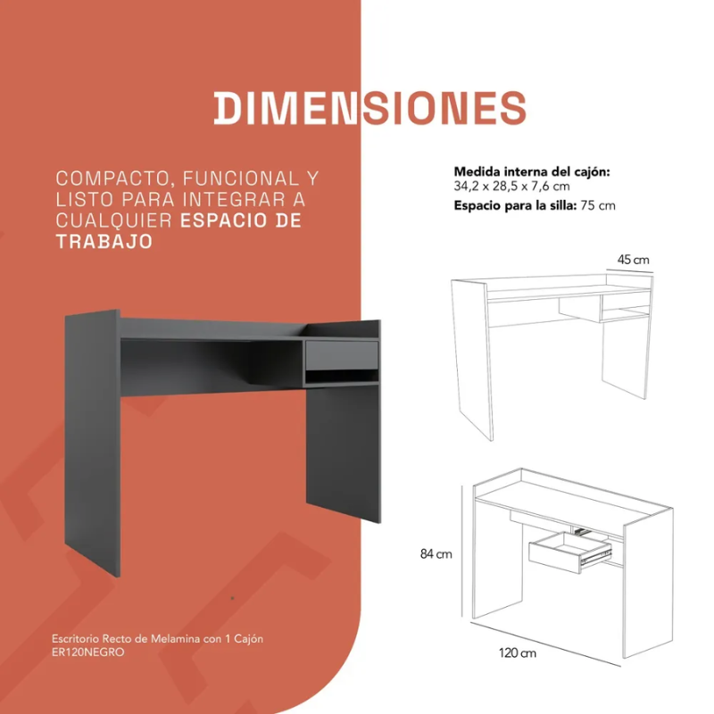 Escritorio 120cm negro con 1 cajon estilo moderno para oficina
