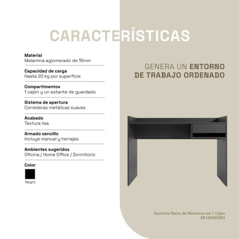 Escritorio 120cm negro con 1 cajon estilo moderno para oficina