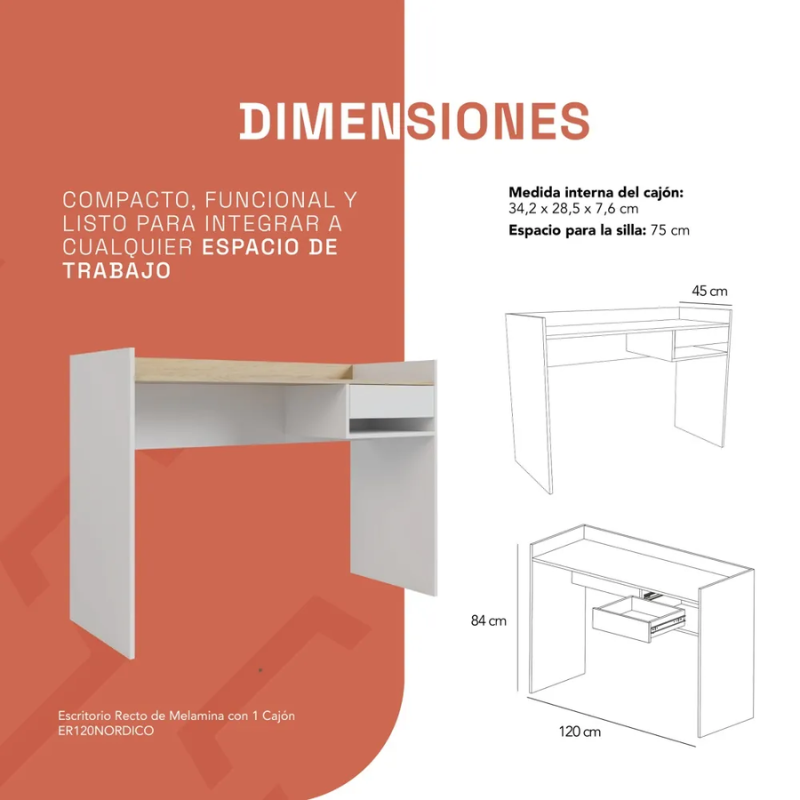 Escritorio nordico 120cm con 1 cajon estilo moderno para oficina