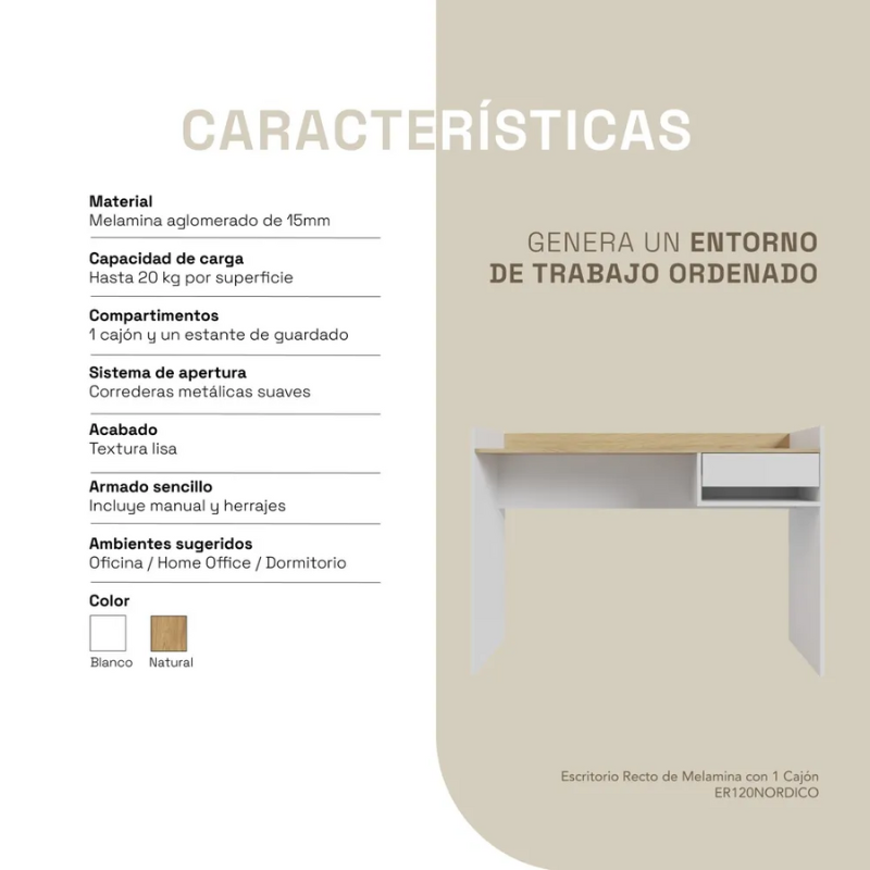 Escritorio nordico 120cm con 1 cajon estilo moderno para oficina