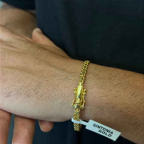 PULSEIRA CADEADO DUPLO FECHO MOSQUETÃO (5mm-7G)-20CM banho ouro 18k.