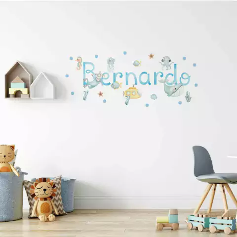 Fundo do Mar Aquarelado Nome Personalizado em Adesivo de Parede