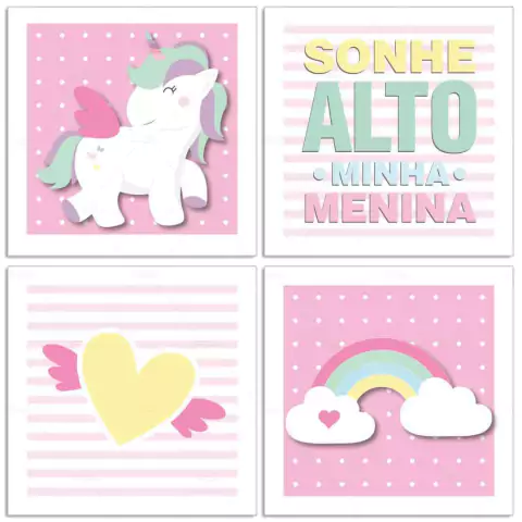 4 Placas Decorativas MDF Unicornio Arco Iris