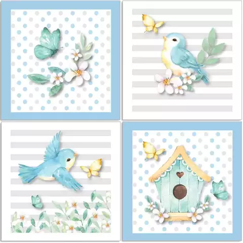 4 Placas Decorativas MDF Passarinhos Jardim Encantado