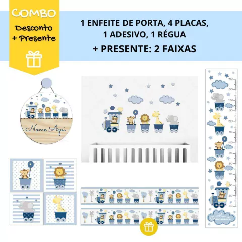 Combo Trenzinho Animais Safari Azul KIT Com Enfeite de Porta