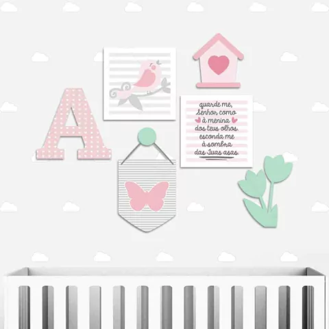 Kit Placas Decorativas e Letra MDF Passarinho