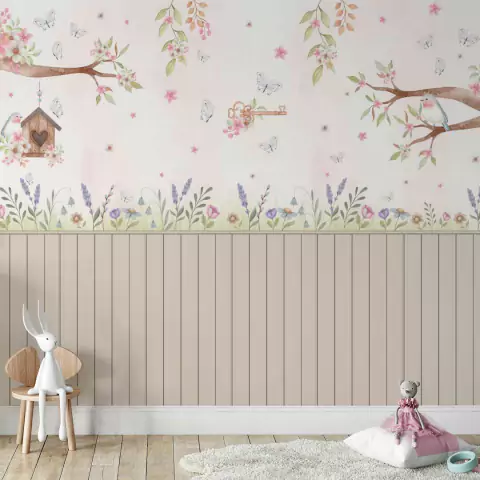 Papel de Parede Jardim Secreto com Painel Ripado Bege