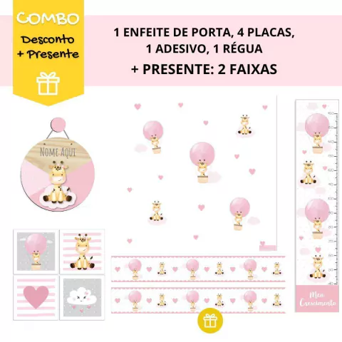 Combo Girafinha Balao Nuvens Rosa KIT Com Enfeite de Porta
