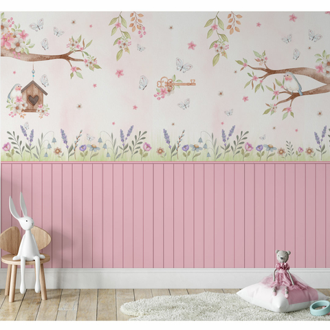 Papel de Parede Jardim Secreto com Painel Ripado Rosa