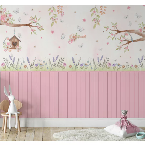 Papel de Parede Jardim Secreto com Painel Ripado Rosa