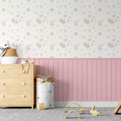 Papel de Parede Jardim de Borboletas com Painel Ripado Rosa