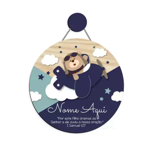 Urso Aviador com Salmo Enfeite de Porta MDF com Nome Personalizado