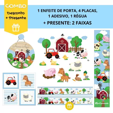 Combo Fazendinha Azul KIT Com Enfeite de Porta MDF