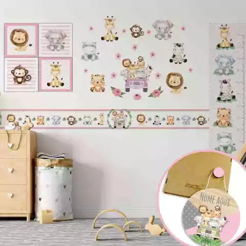 Combo Safari Jipe Aquarela Rosa KIT Com Enfeite de Porta MDF