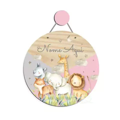 Animais Safari Aquarelado Rosa Enfeite de Porta MDF