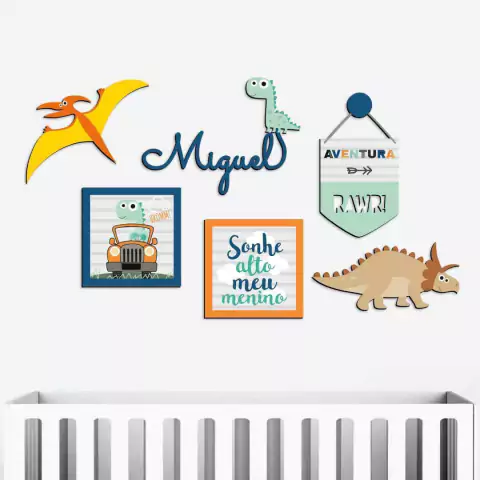 Kit de Placas Decorativas e Nome em MDF Dinossauros